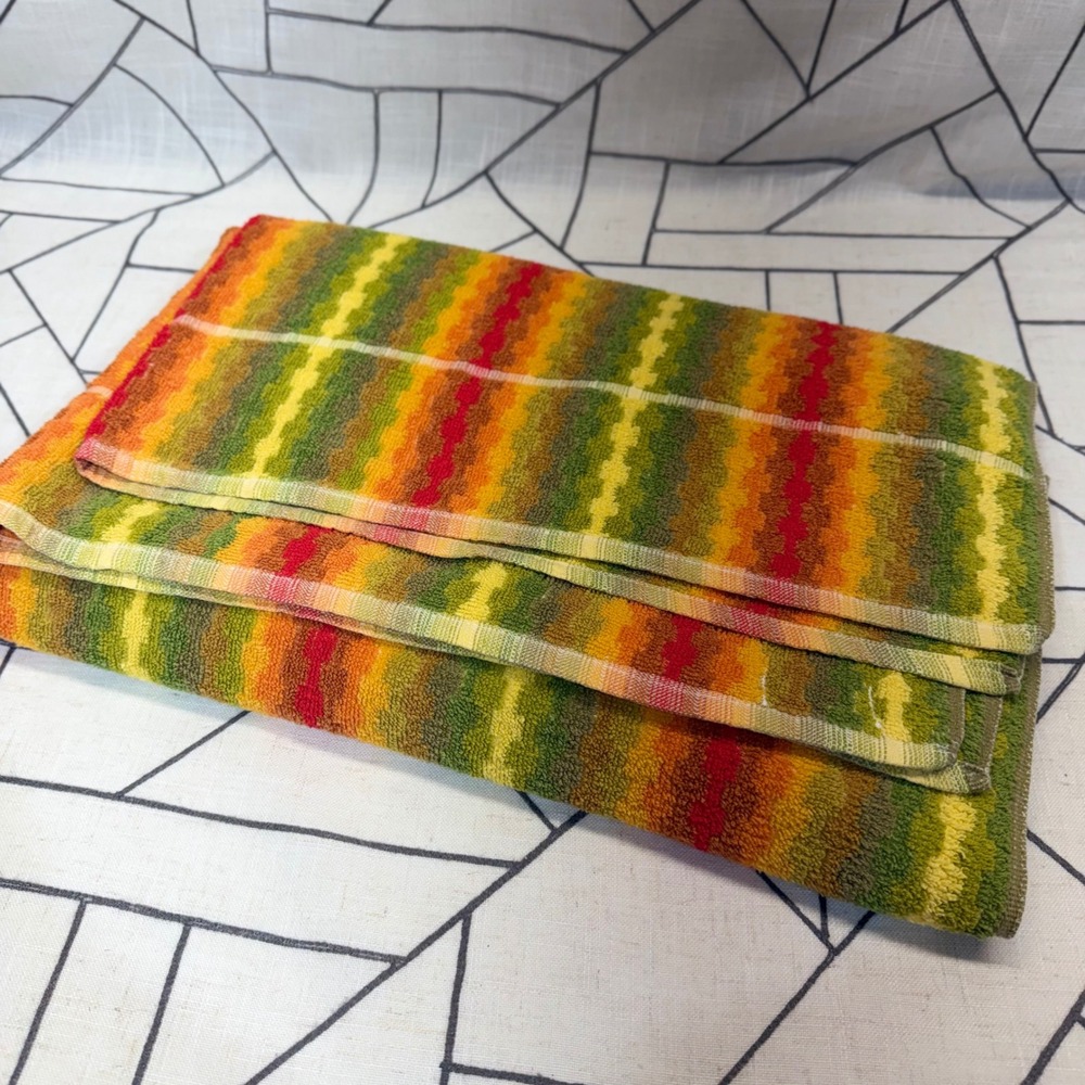 Martex Beach Towel 16x33 Orange Green Vintage 70s Striped Cotton USA Made